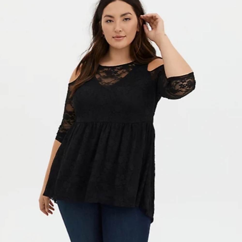 NWT Black lace cold shoulder baby doll top